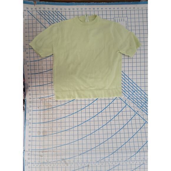 Chartreuse Green Vintage Knit Zipper Back Short Sleeve Mock Neck Sweater - Picture 4 of 11